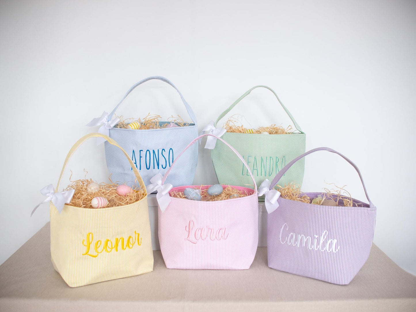 Personalized Kids Easter Basket: Embroidered Seersucker Fabric