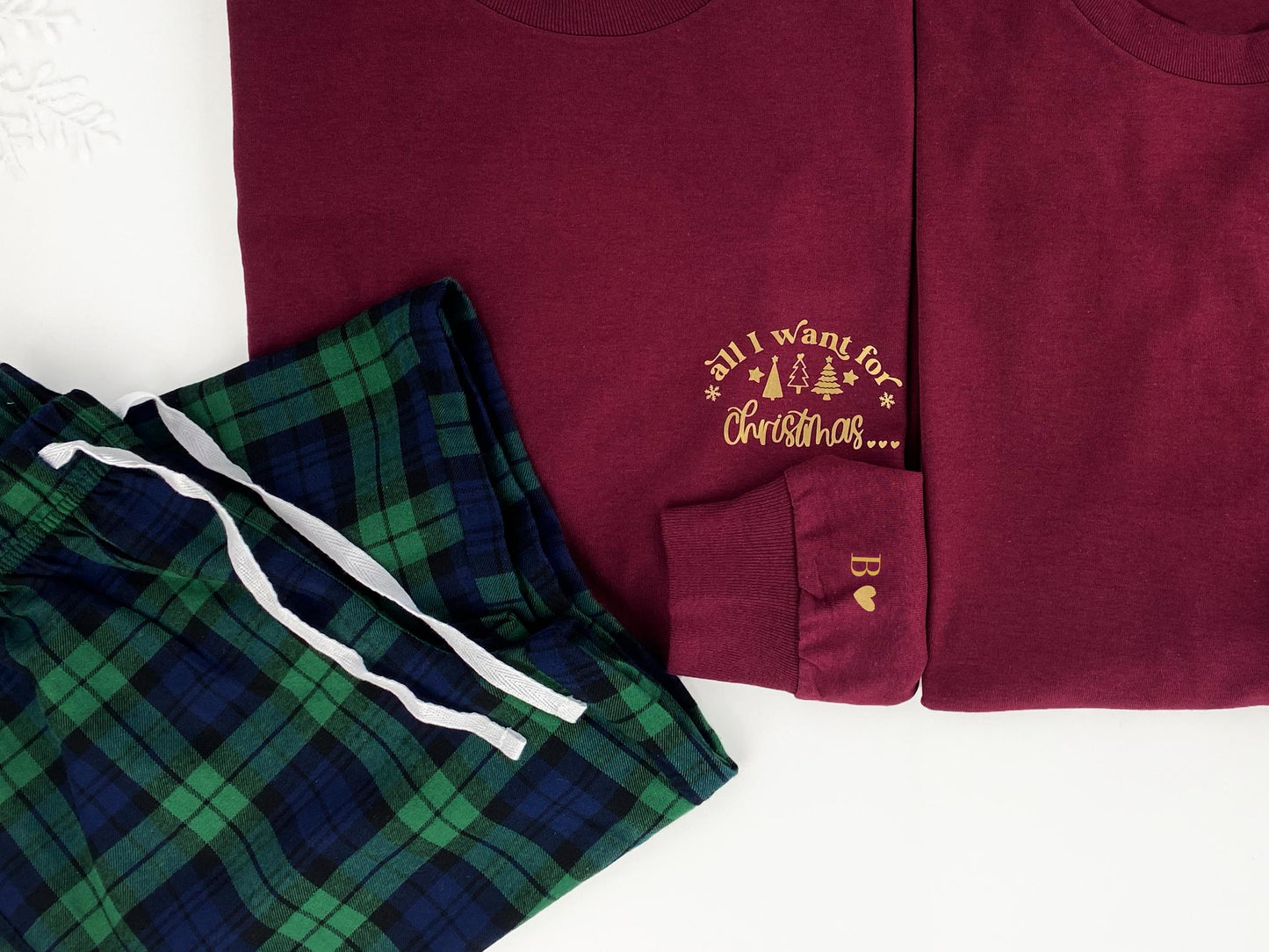 Couples Christmas Pyjamas: Matching Long Sleeve Tartan Set gingham green