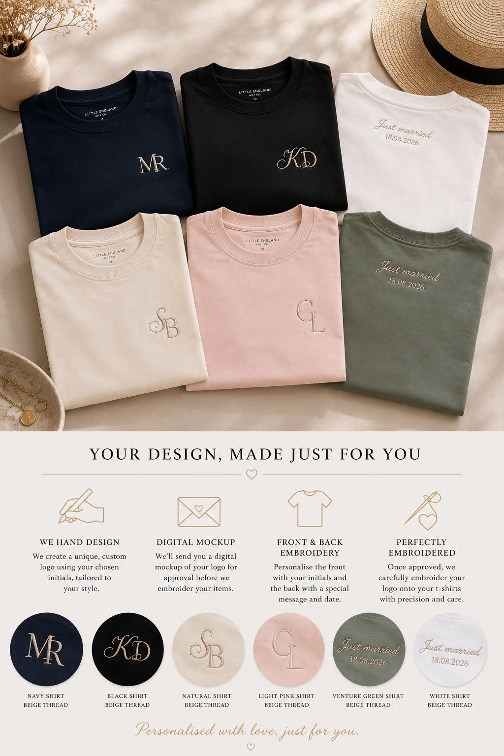 Custom Embroidered Couple T-Shirts | Bespoke Monogram Design, Honeymoon Apparel