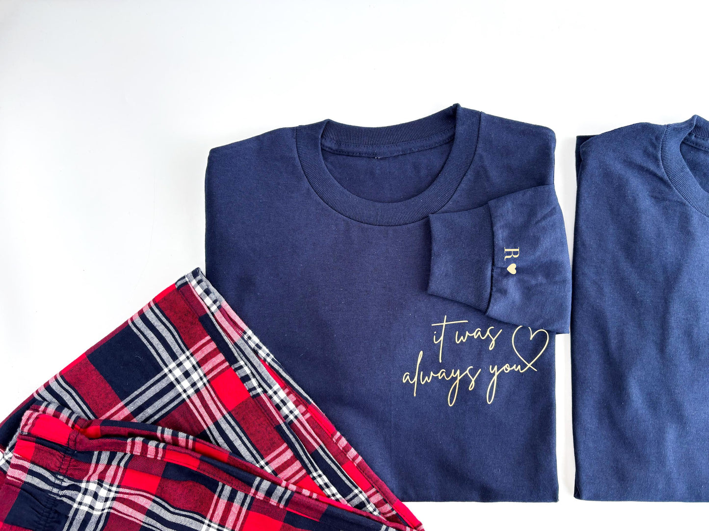 Matching Couples Christmas Pajamas: Tartan Flannel, Personalized Initials