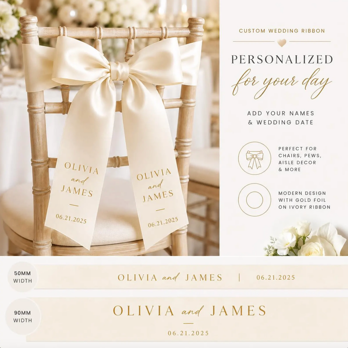 Personalised Wedding Chair Ribbons | Custom Satin Reserved Seating & Name Tags