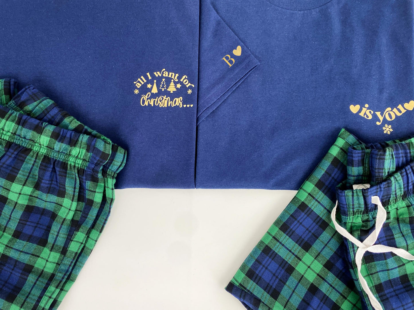 Couples Christmas Pyjamas: Initial Sleeve, Tartan Flannel Bottoms