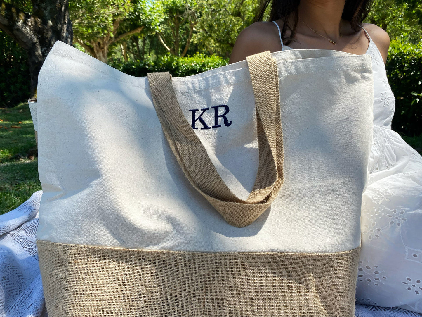 Embroidered Canvas Tote Bag: Personalized Burlap Beach Bag