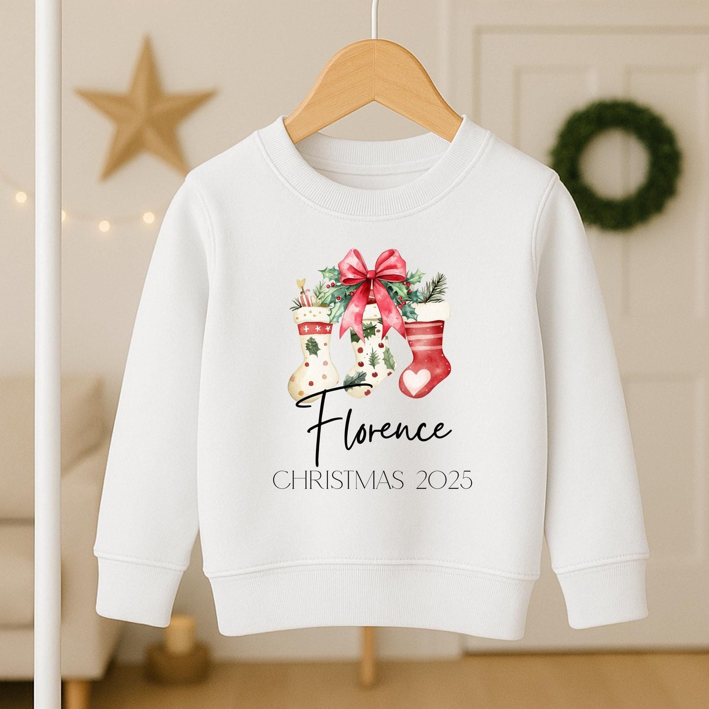 Personalized Christmas Jumper, Kids Xmas Sweater, Red Bow & Stocking