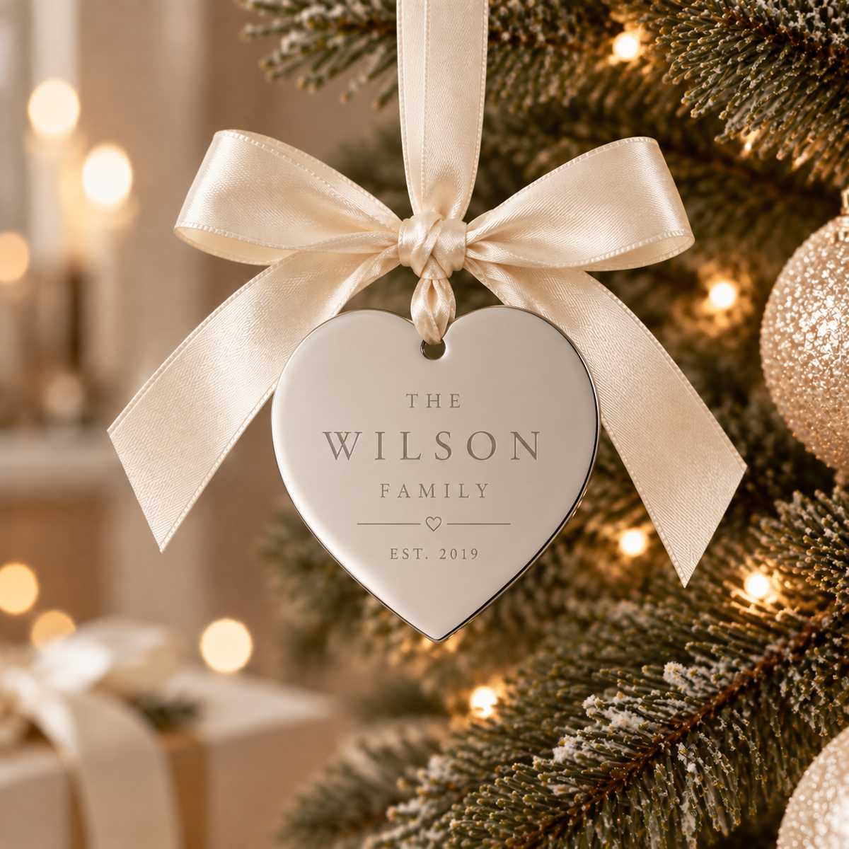 Personalised Family Christmas Ornament | Custom Family Name Keepsake | Engraved Silver Heart Christmas Decoration