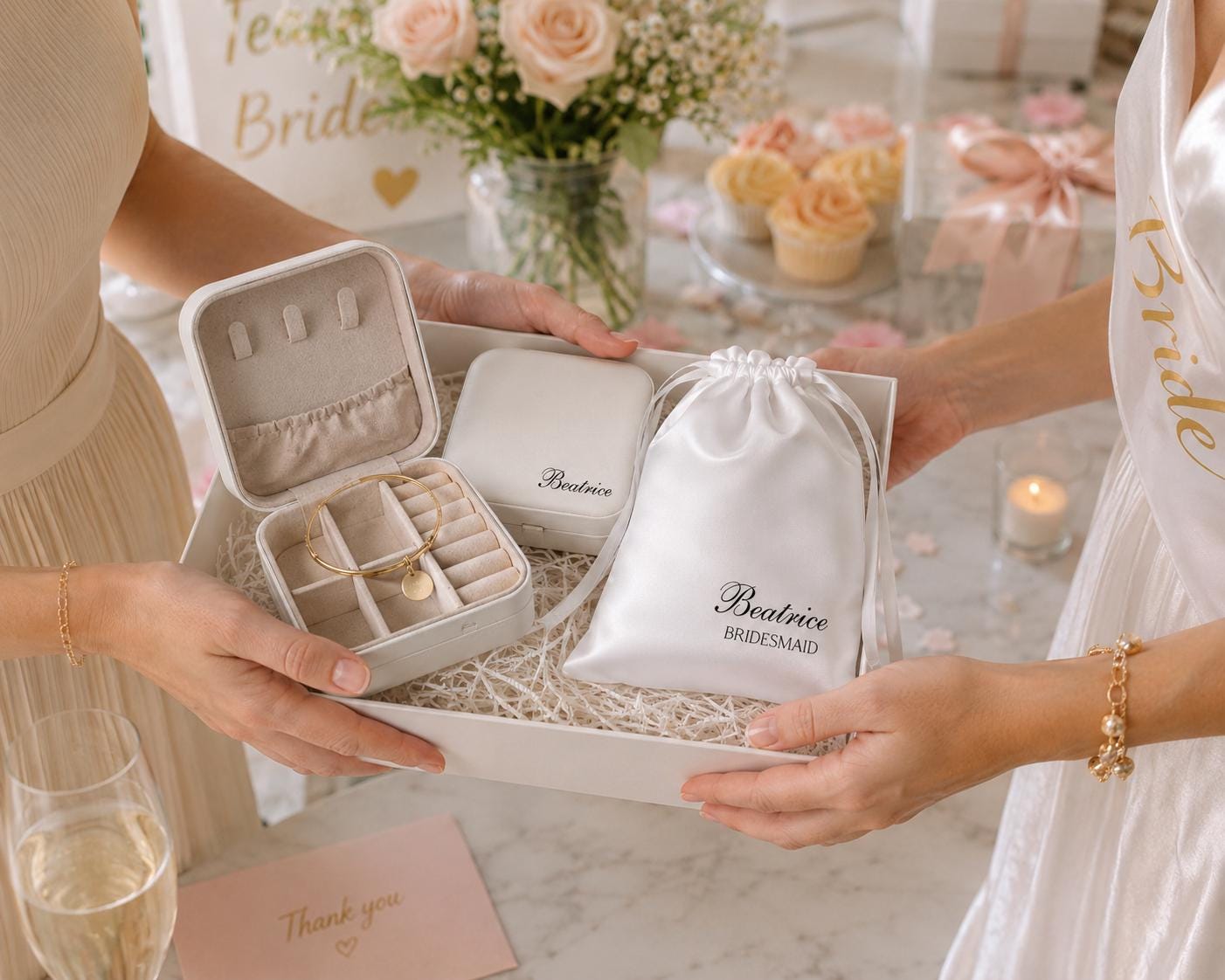 Personalized Bridesmaid Gift Set, Engraved Name Bracelet, Travel Jewelry Box