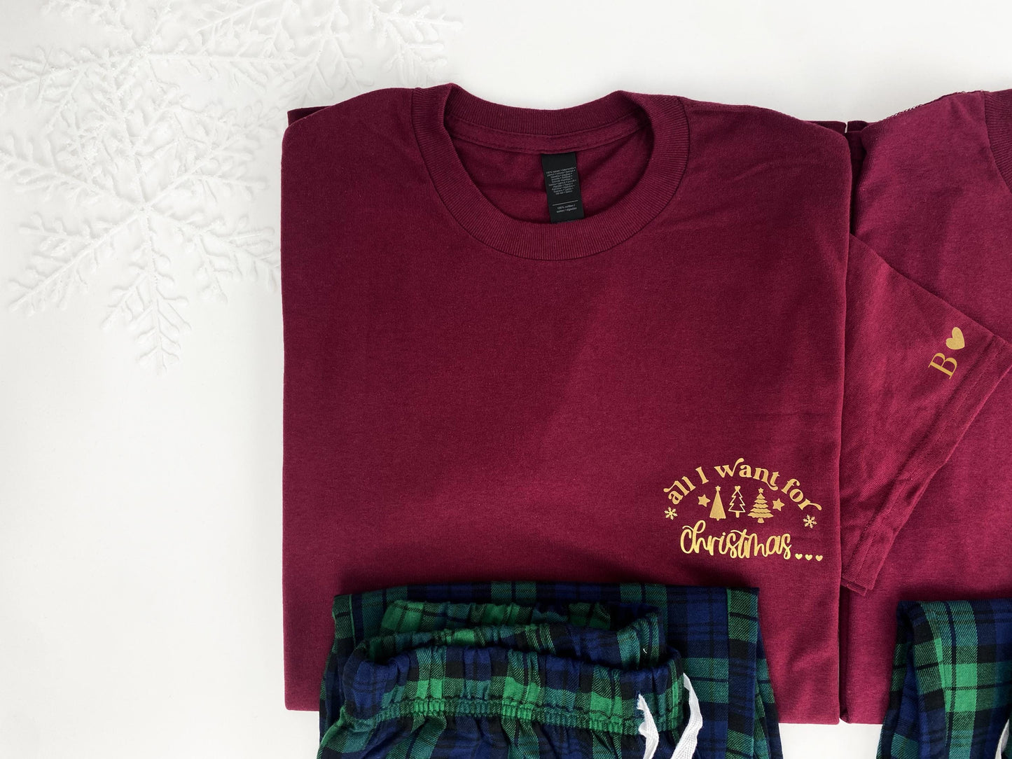 Couples Christmas Pyjamas: Burgundy Shirts, Tartan Flannel Bottoms, Personalized Initial Sleeve