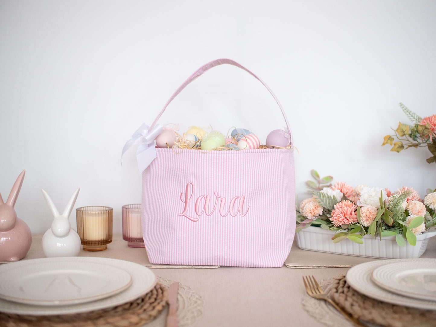 Personalized Kids Easter Basket: Embroidered Seersucker Fabric