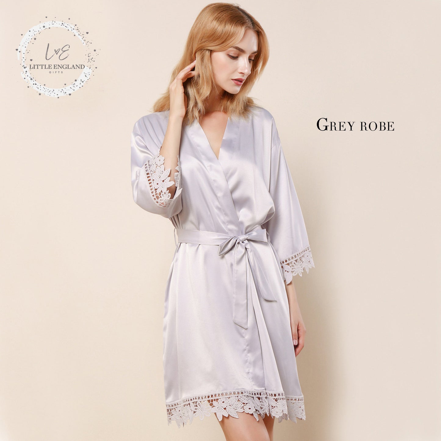 Personalized Satin Bridal Robe, Lace Detail, Sage Green Kimono