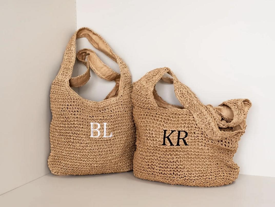Personalized Embroidered Raffia Beach Shoulder Bag - Custom Straw & Hessian Tote