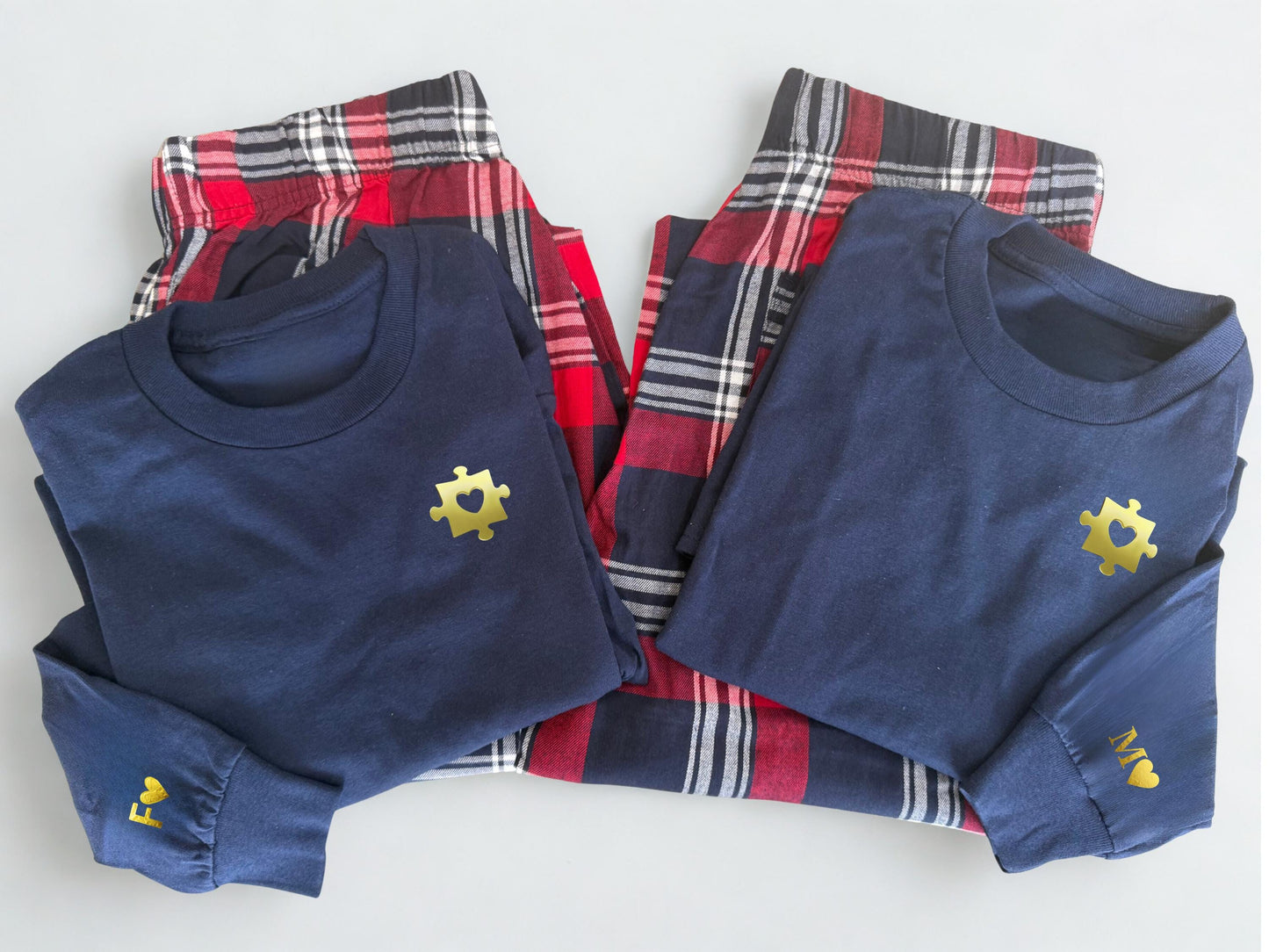 Matching Couples Flannel Pajama Set: Puzzle Piece Design, Initialed Sleeve