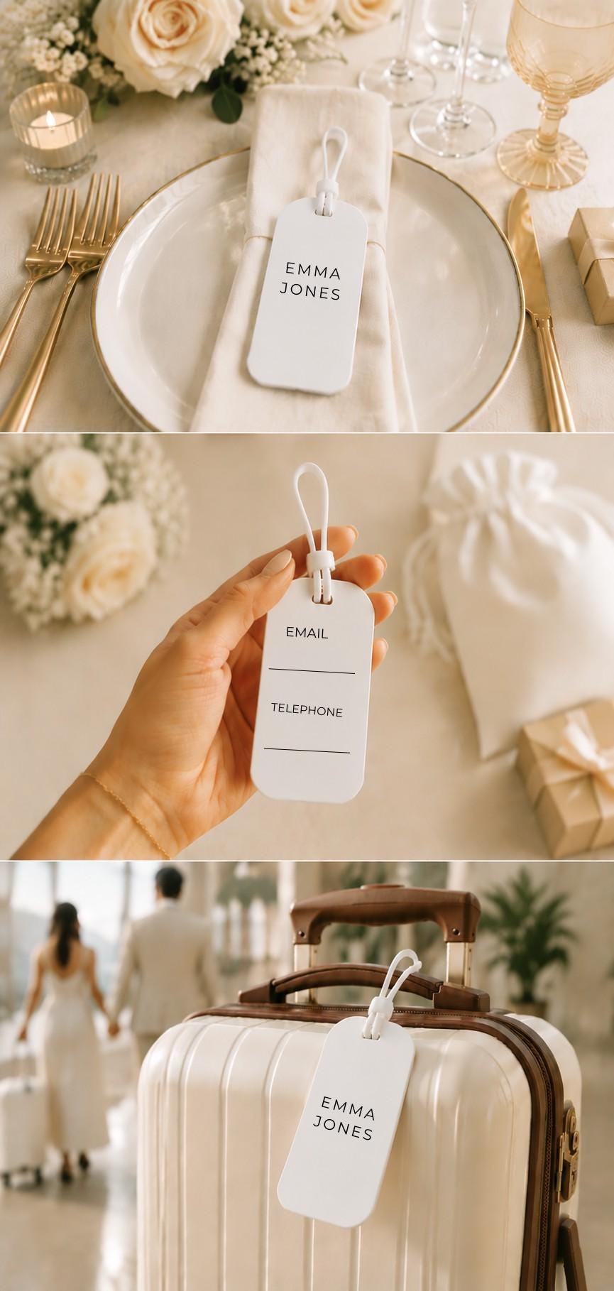 Acrylic wedding guest name tag which is also a travel luggage tag practical guest favor