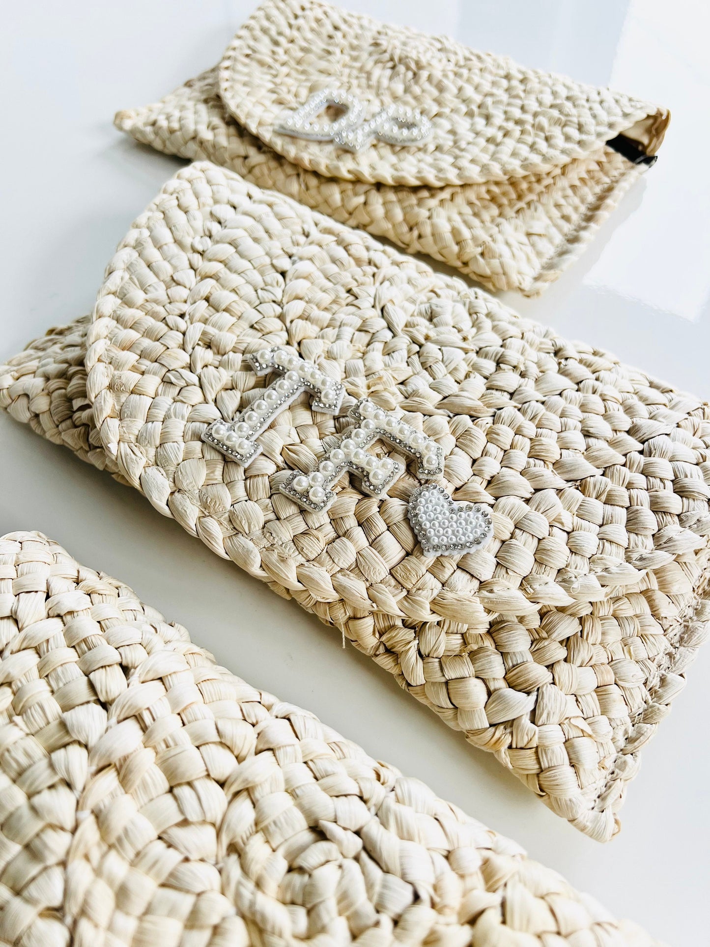 Personalized Straw Clutch | Bridesmaid Gift, Initial Pearl Detail
