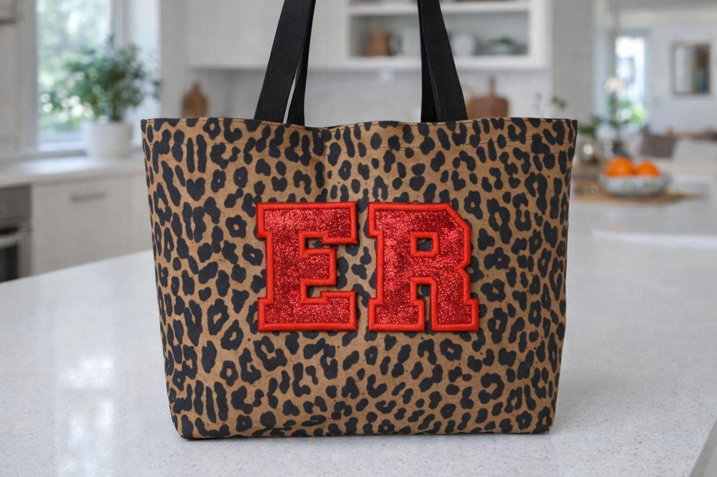 Embroidered Leopard Print Tote Bag | Custom Initial Glitter Applique