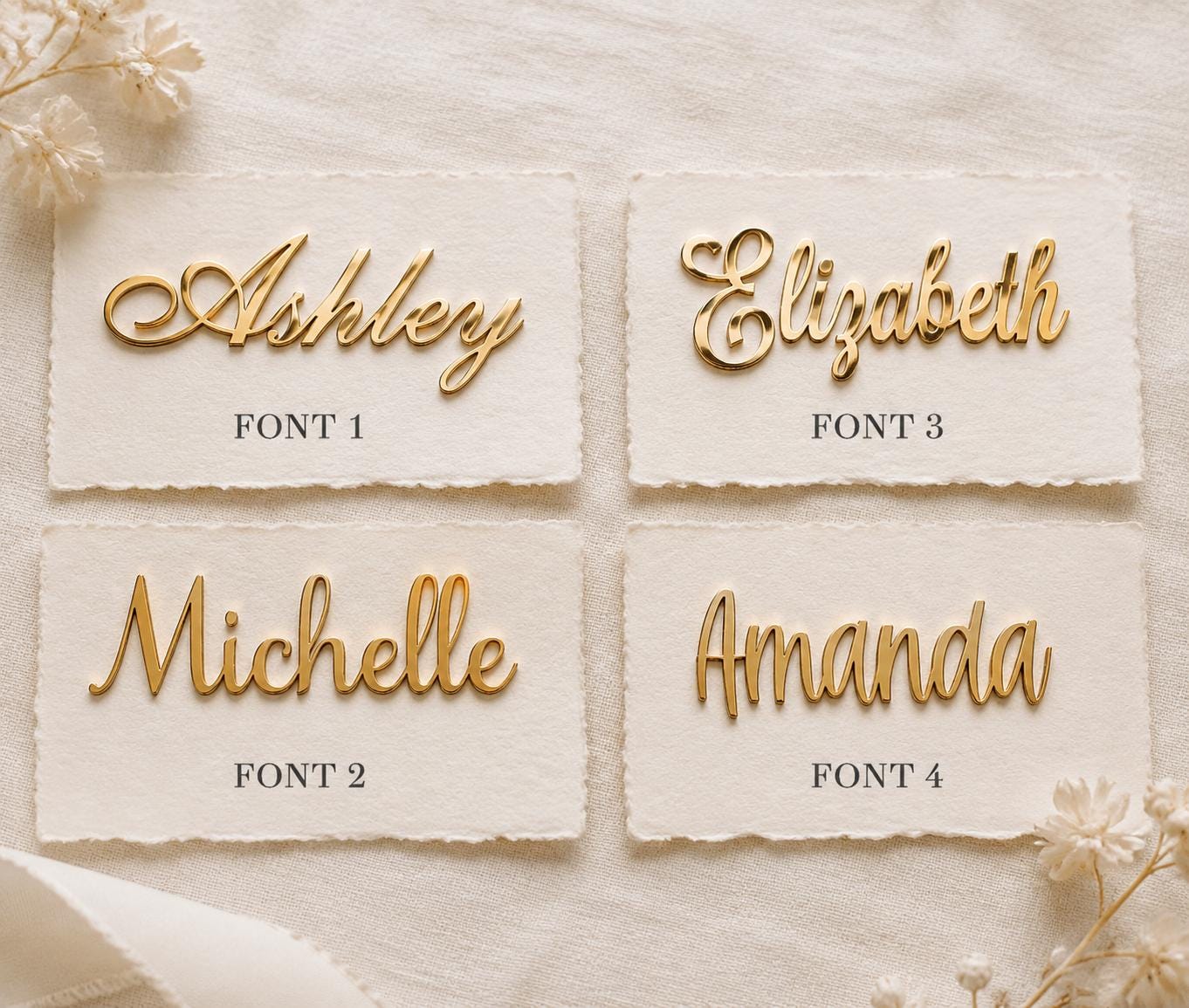 Personalized Acrylic Wedding Name Place Cards, Gold Mirror, Frosted, Black, White Names
