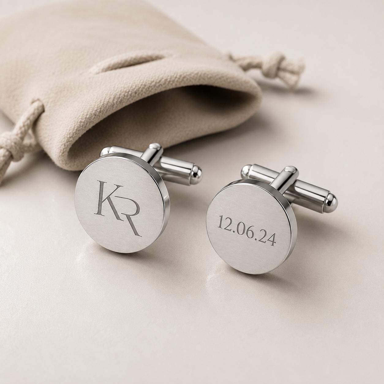 Personalised Monogram & Date Engraved Cufflinks, gold and silver cuff links square or round
