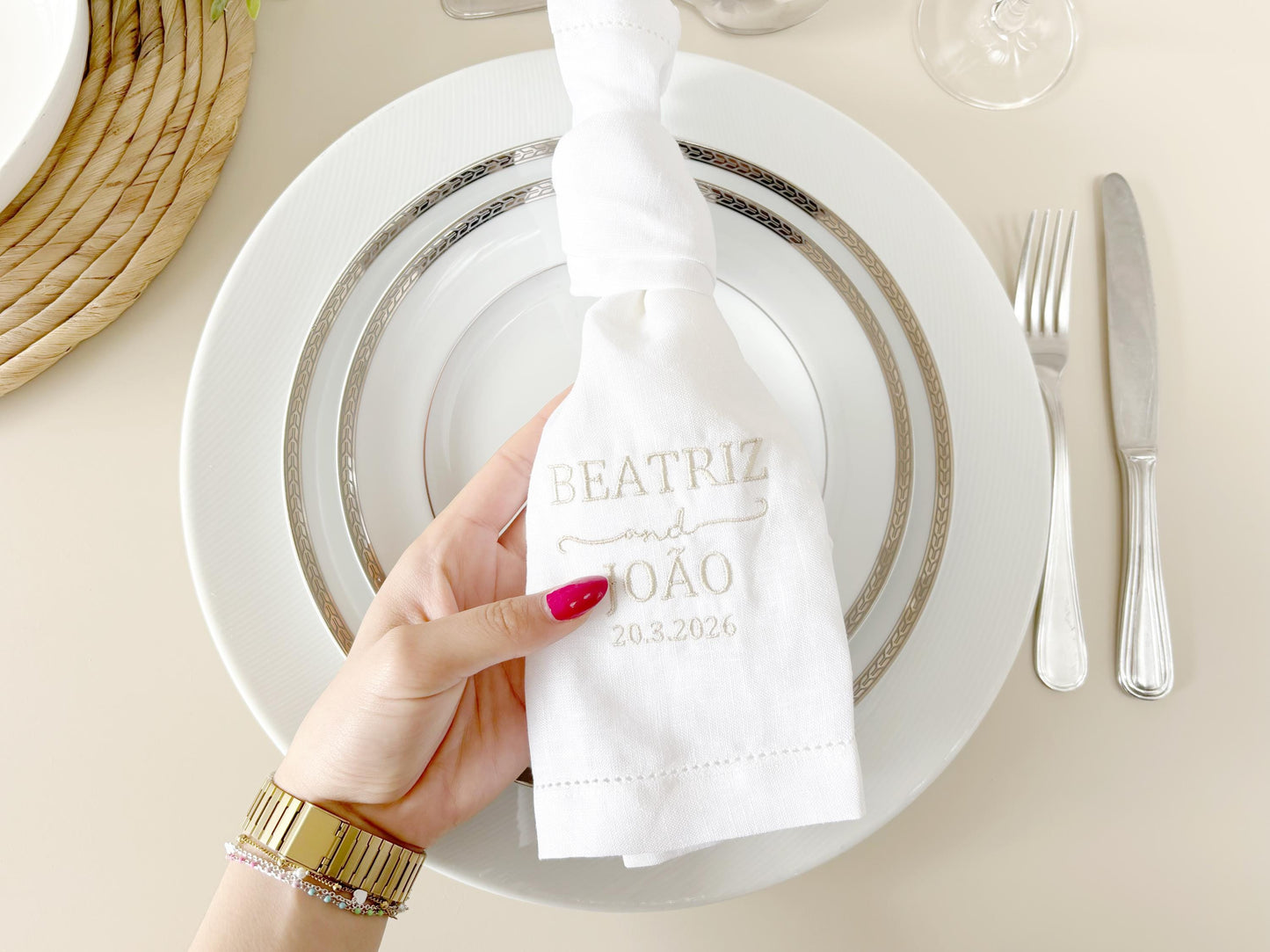 Wedding napkin table place names Personalized linen with embroidered monogram, engagements & elegant table settings