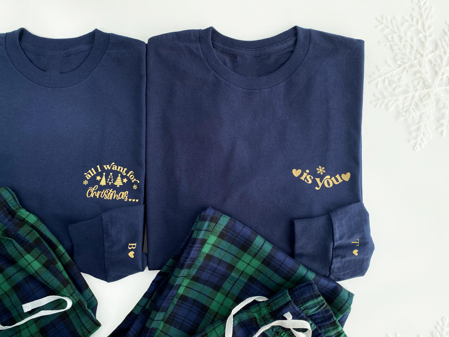 Matching long sleeve Christmas Couples Pyjamas: Tartan, Personalized Initials on sleeve