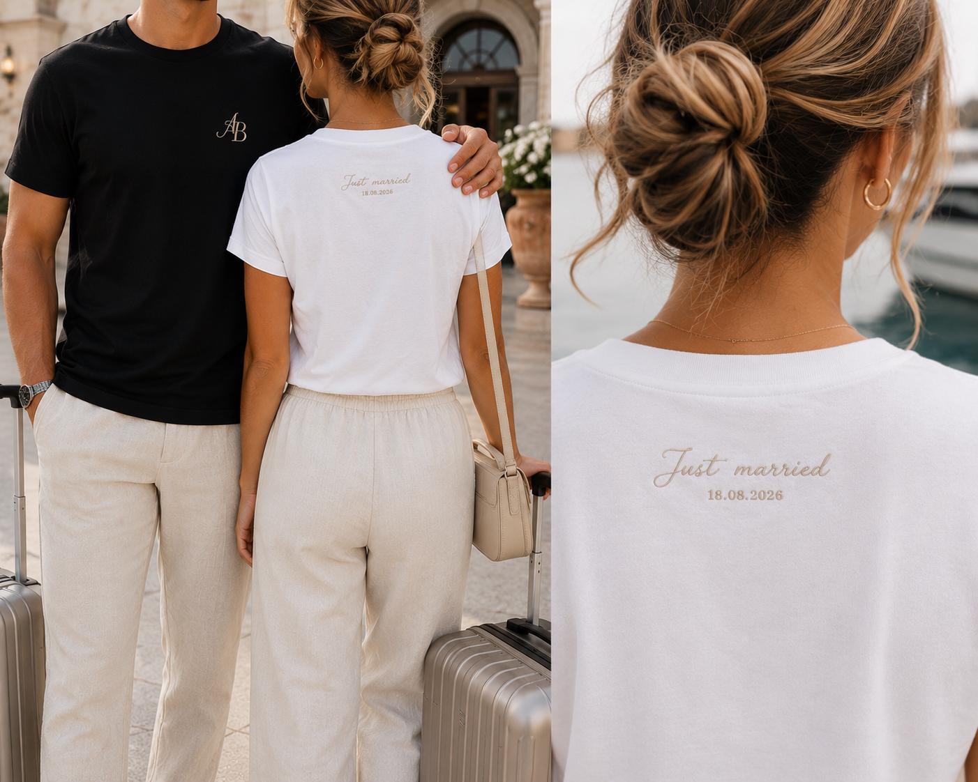 Custom Embroidered Couple T-Shirts | Bespoke Monogram Design, Honeymoon Apparel