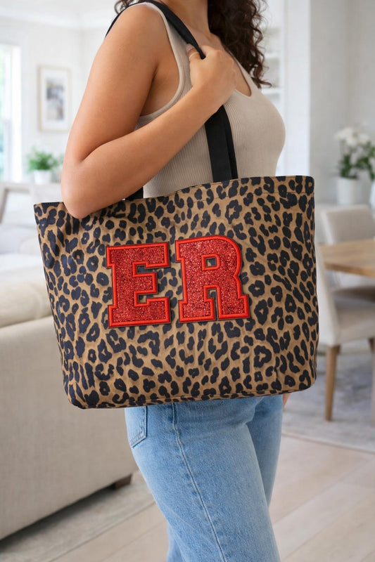 Embroidered Leopard Print Tote Bag | Custom Initial Glitter Applique