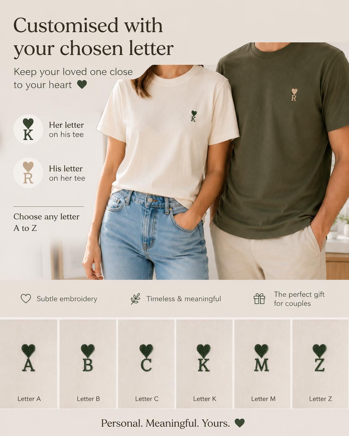 Custom Embroidery Initial Heart T Shirt, Matching boyfriend gift,  Embroidered Couples Outfit