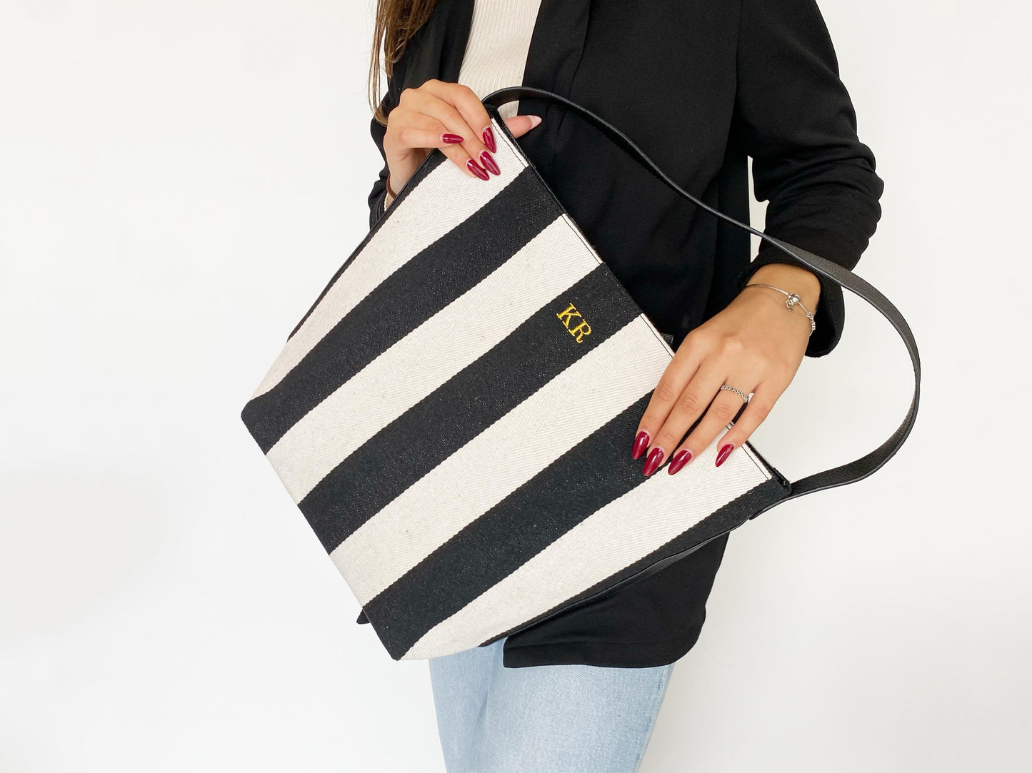 Monogrammed Vegan Leather Tote Bag: Striped Oversize Purse