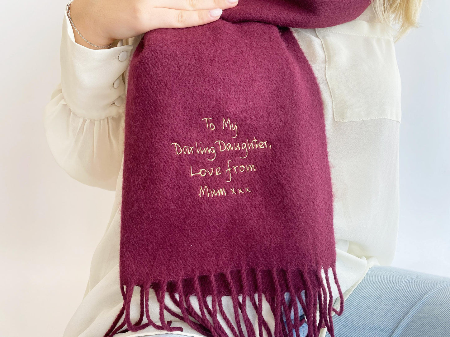 Embroidered Handwriting Scarf: Custom Wool Scarf, Sentimental Gift
