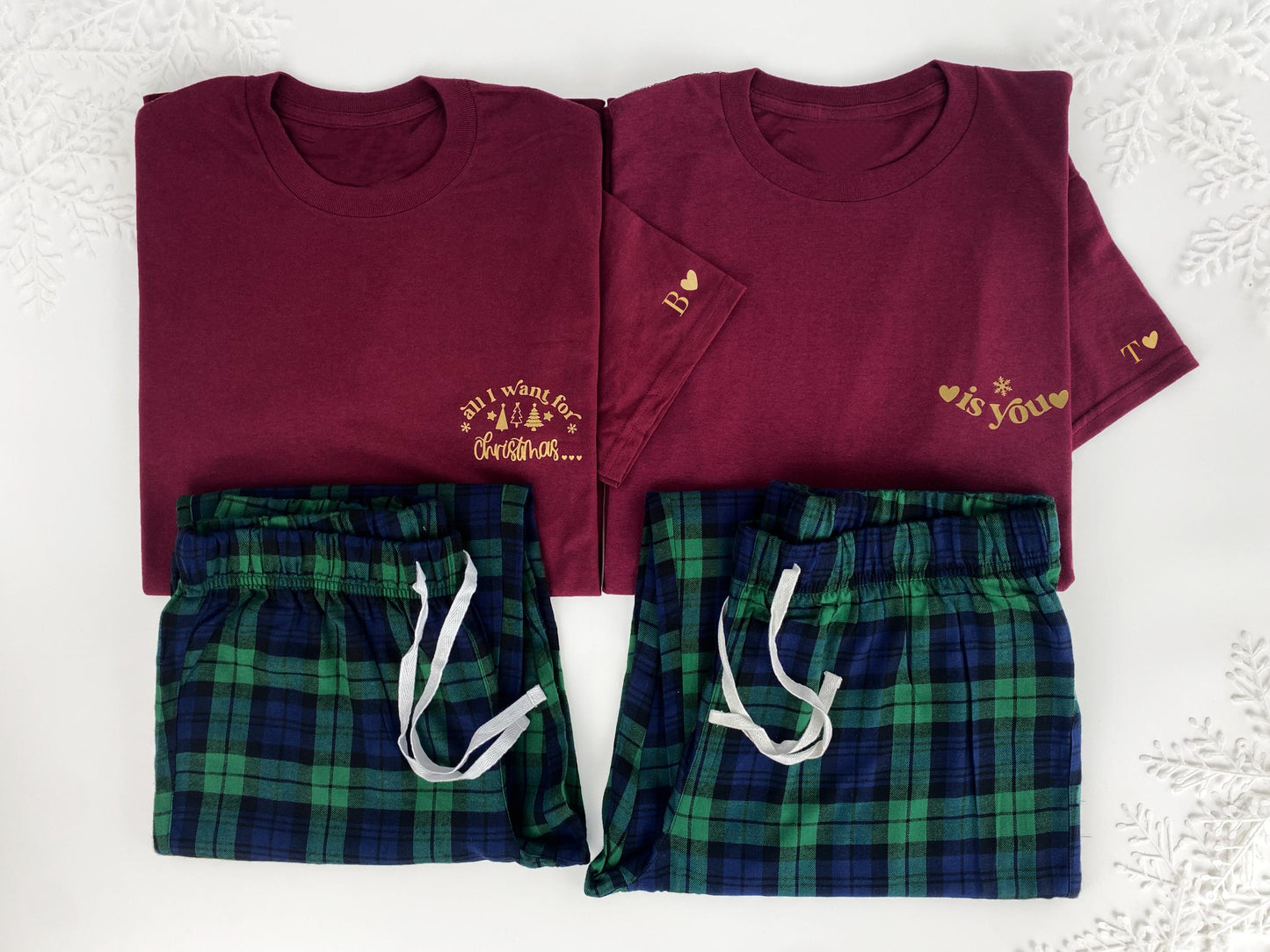 Couples Christmas Pyjamas: Burgundy Shirts, Tartan Flannel Bottoms, Personalized Initial Sleeve