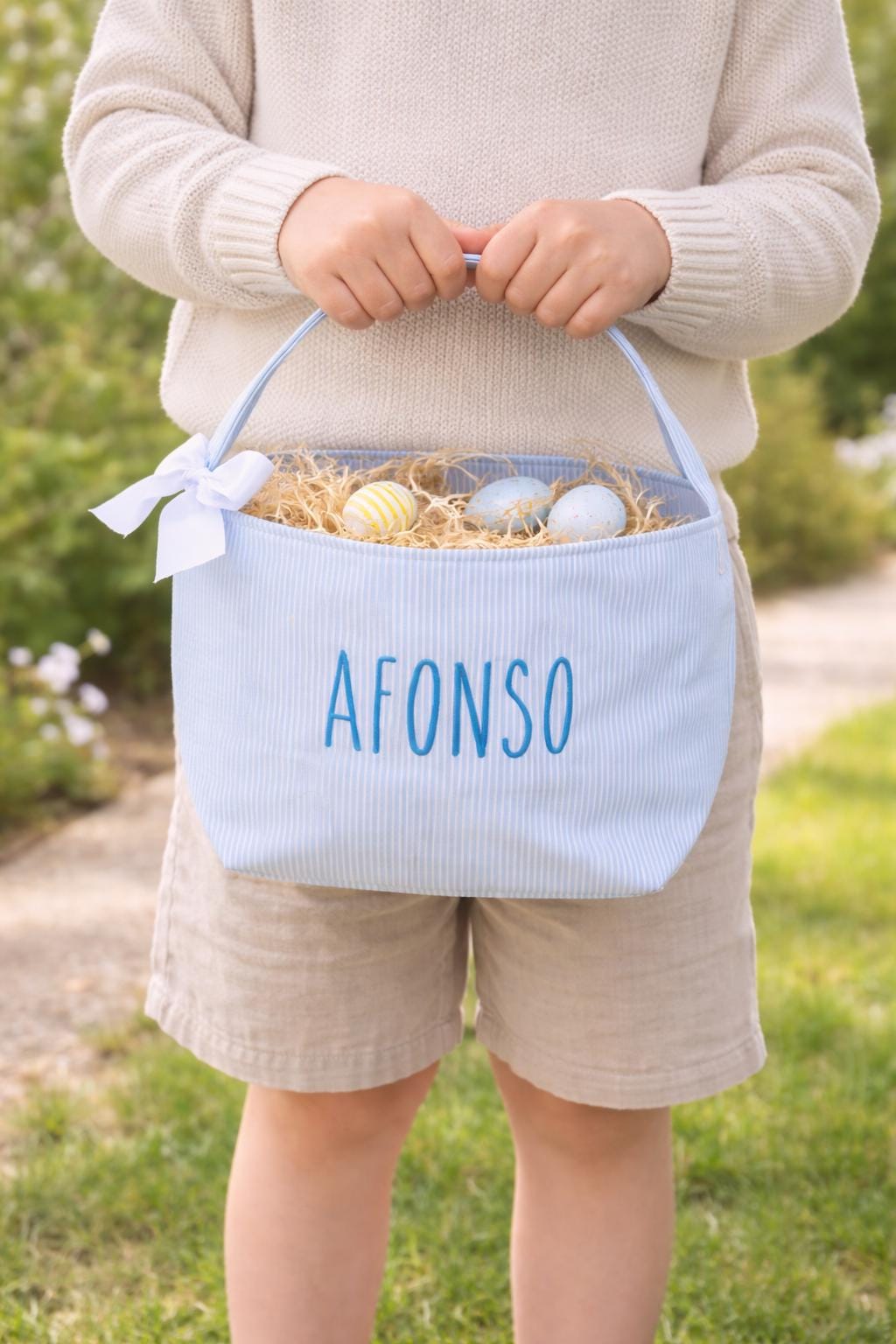 Personalized Kids Easter Basket: Embroidered Seersucker Fabric