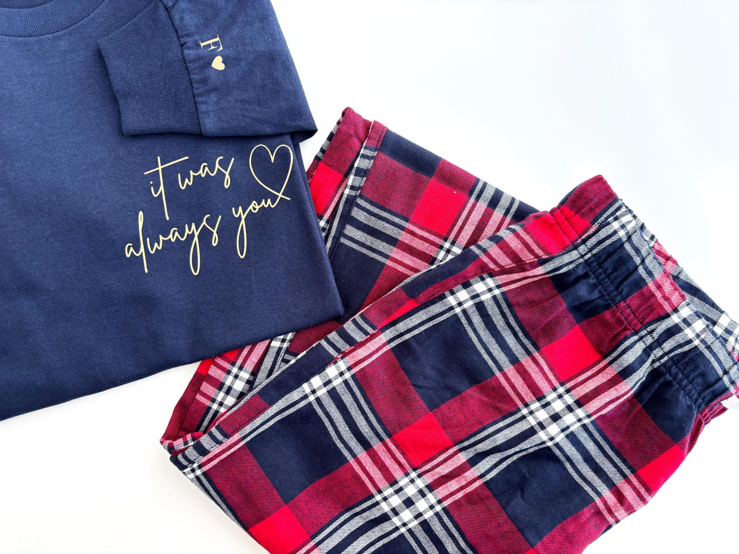 Matching Couples Christmas Pajamas: Tartan Flannel, Personalized Initials