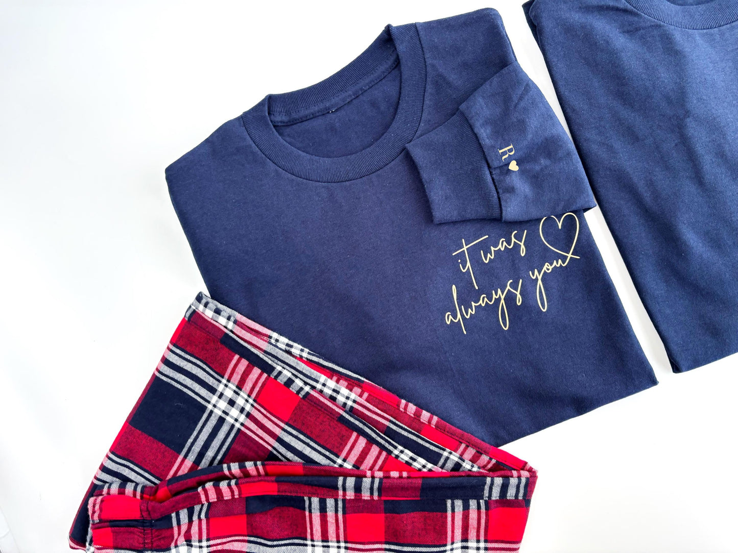 Matching Couples Christmas Pajamas: Tartan Flannel, Personalized Initials