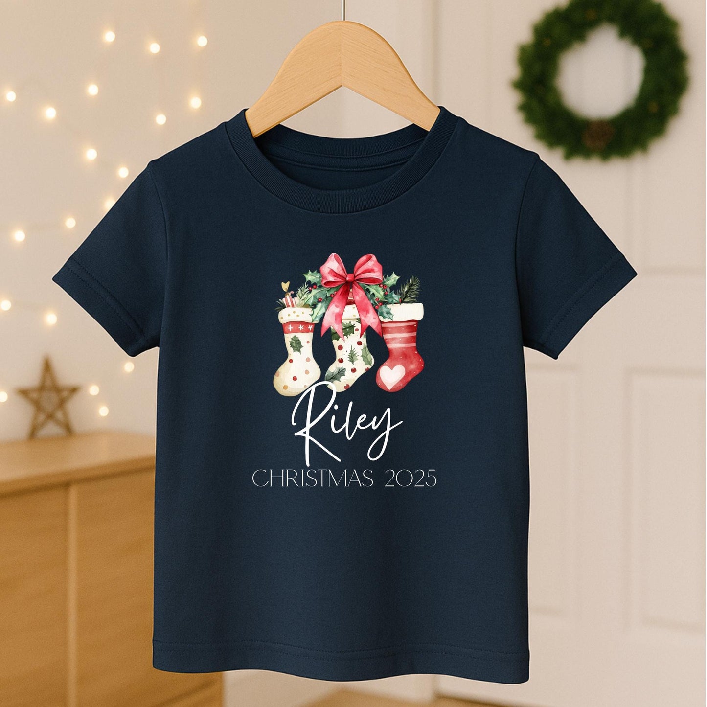 Personalized Christmas Jumper, Kids Xmas Sweater, Red Bow & Stocking