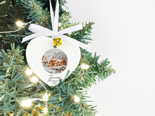Personalized Baby's First Christmas Ornament: Watercolor Photo Ceramic Bauble