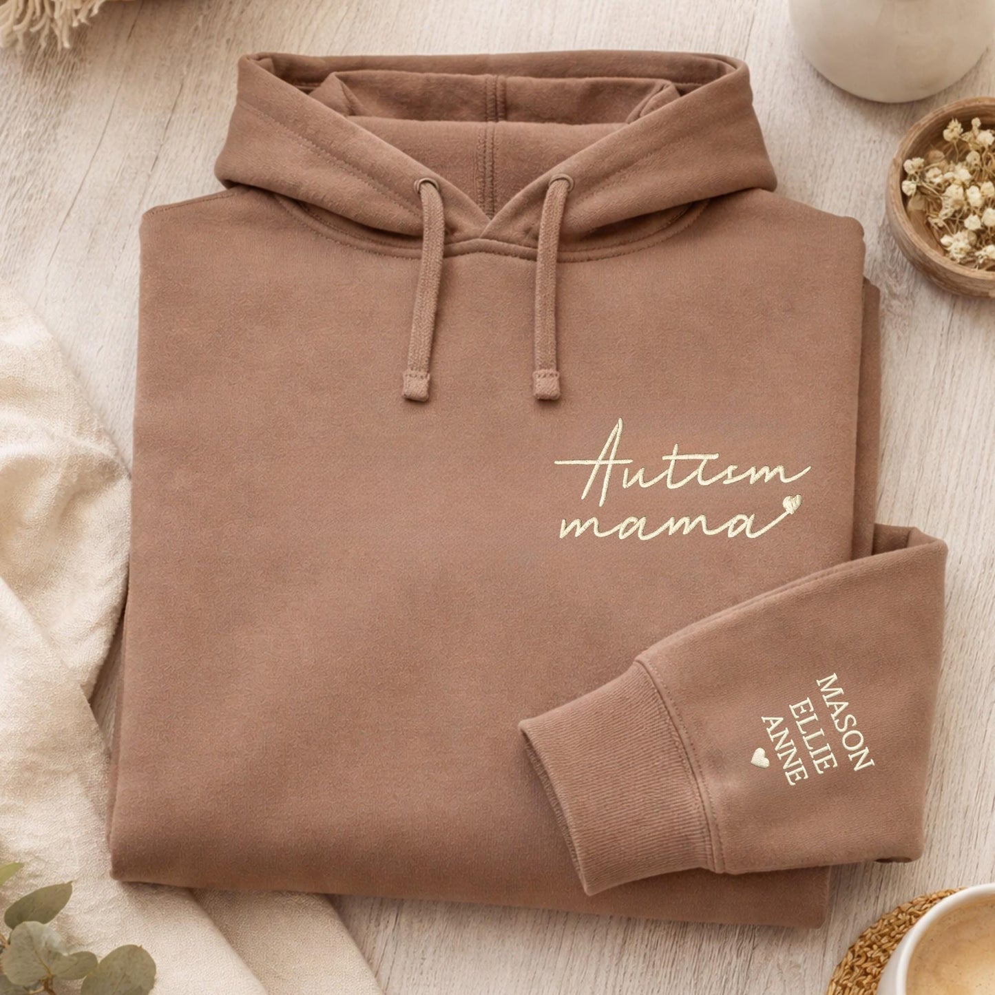 Personalised Autism Mama Embroidered Sweatshirt, Custom Kids Names on Sleeve Hoodie