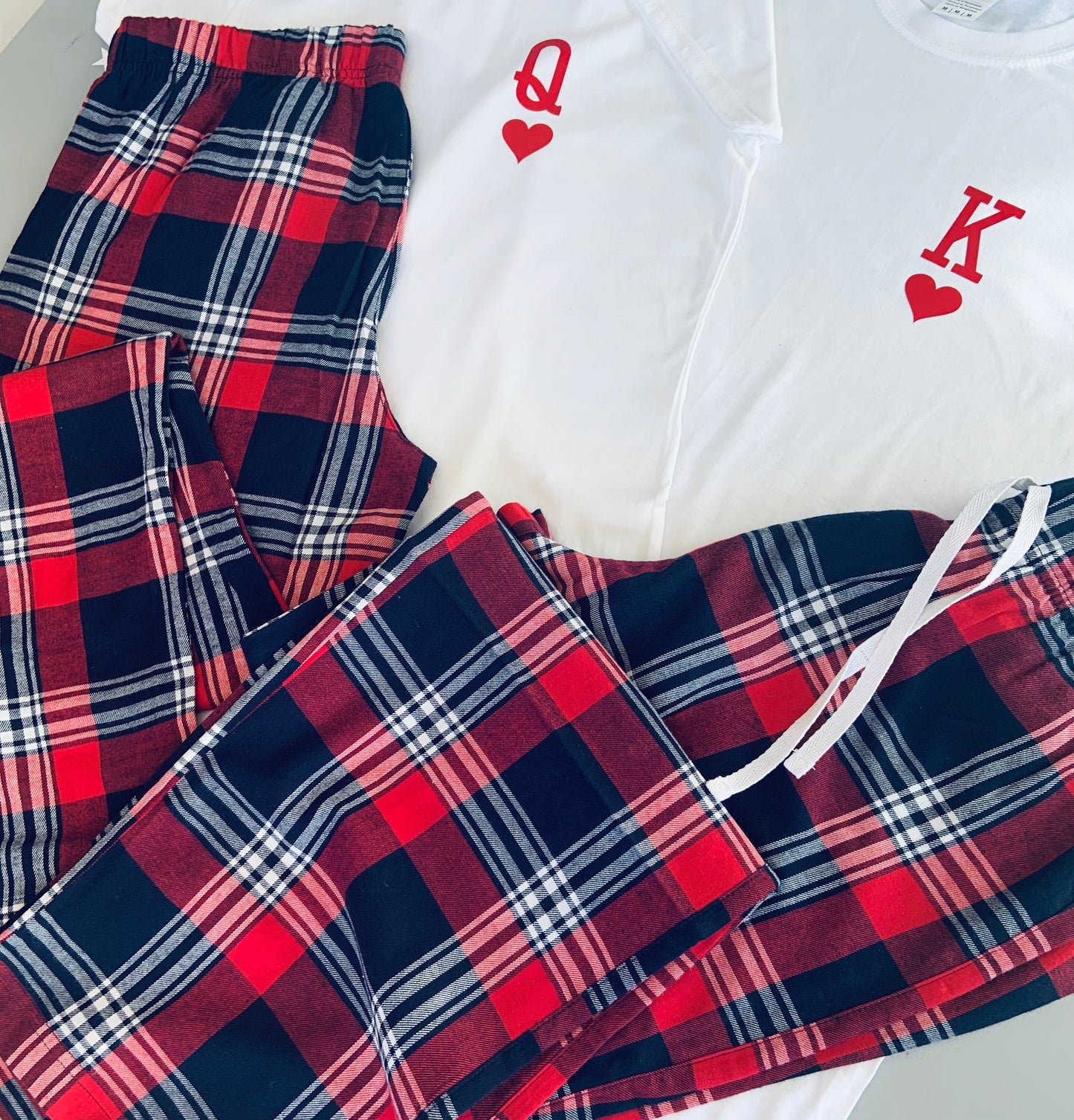 Matching Couple Pajamas: King & Queen T-Shirts, Tartan Flannel Bottoms