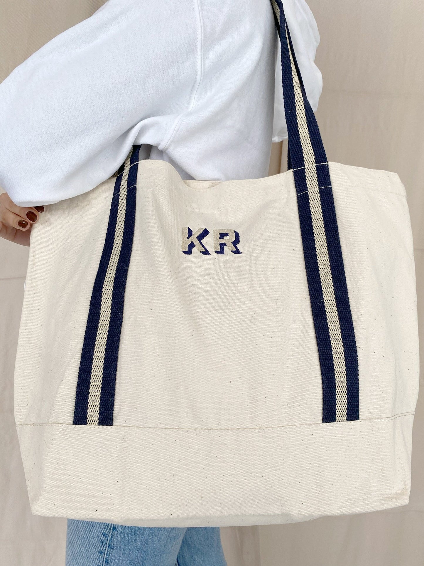 Embroidered Canvas Tote Bag, Monogram Initials, Striped Handles, Beach Bag