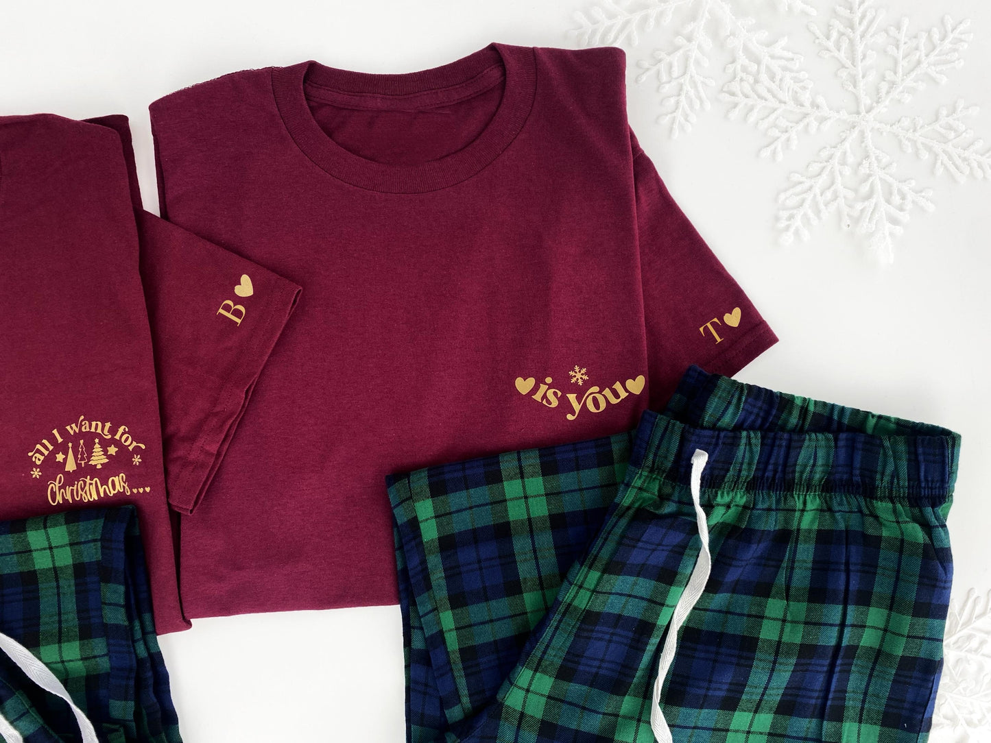 Couples Christmas Pyjamas: Burgundy Shirts, Tartan Flannel Bottoms, Personalized Initial Sleeve