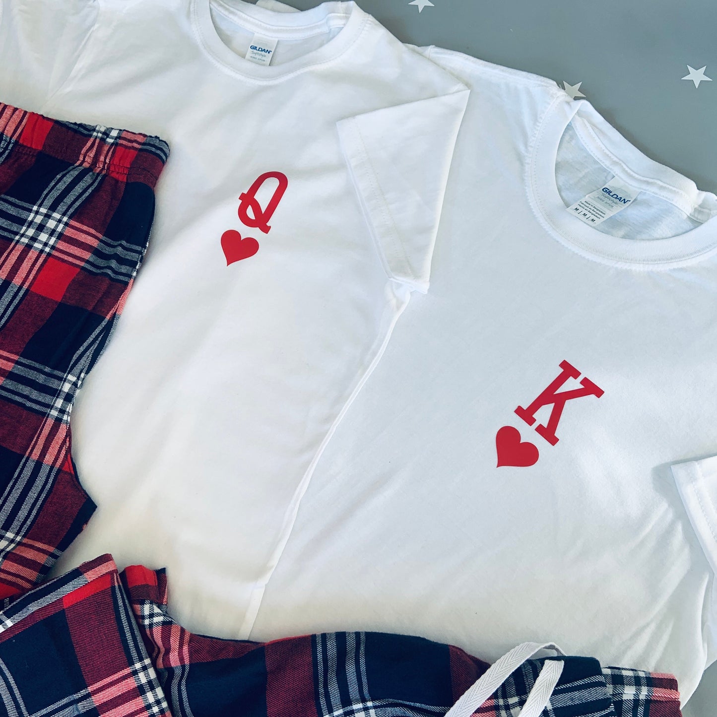 King and Queen of Hearts Matching Couple Pyjamas, Tartan Flannel Set