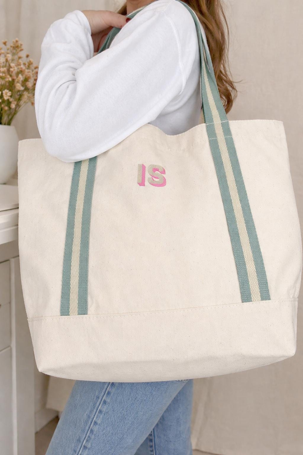 Embroidered Canvas Tote Bag, Monogram Initials, Striped Handles, Beach Bag