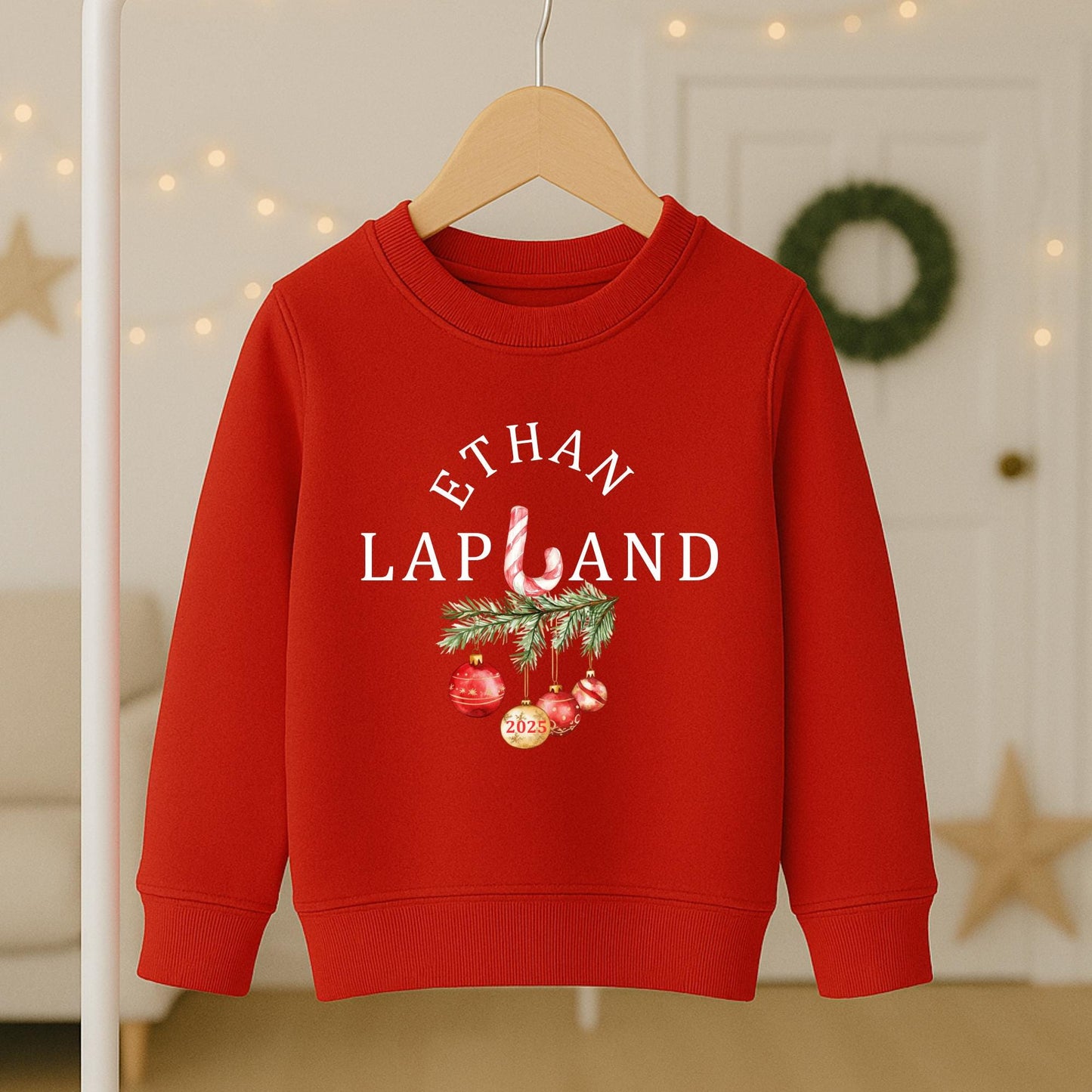 Personalised Kids Lapland Christmas Sweatshirt, Candy Cane Design