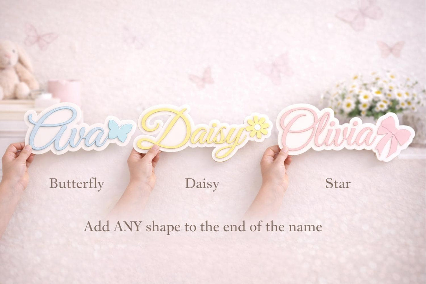 Personalized 3D Wooden Name Sign, Floral Nursery Decor, Baby Girl Room Plaque
