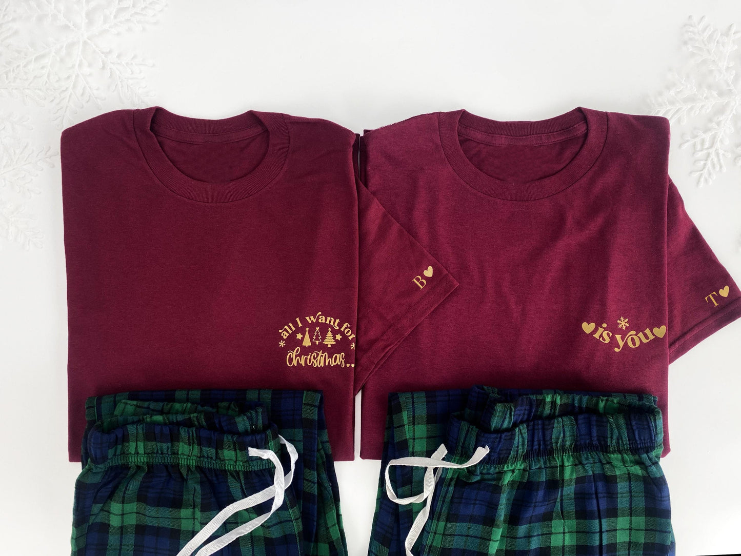 Couples Christmas Pyjamas: Burgundy Shirts, Tartan Flannel Bottoms, Personalized Initial Sleeve