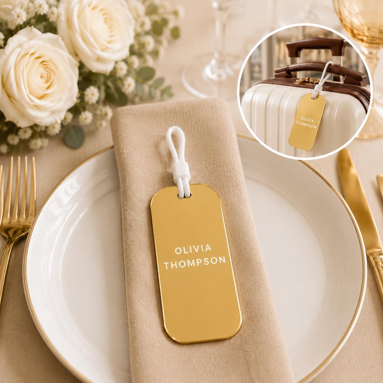 Acrylic wedding guest name tag which is also a travel luggage tag practical guest favor
