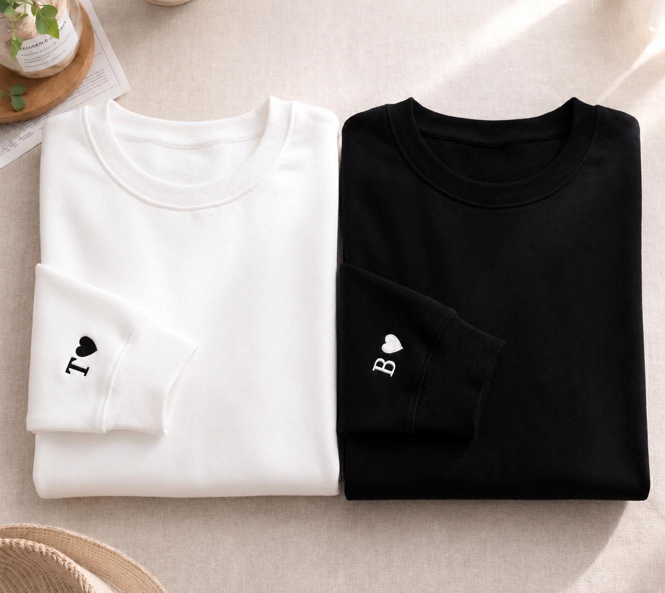 Handmade Embroidered Initial Heart sleeve t shirt,  sweater, Personalized anniversary Sweatshirt, Embroidered Couples matching