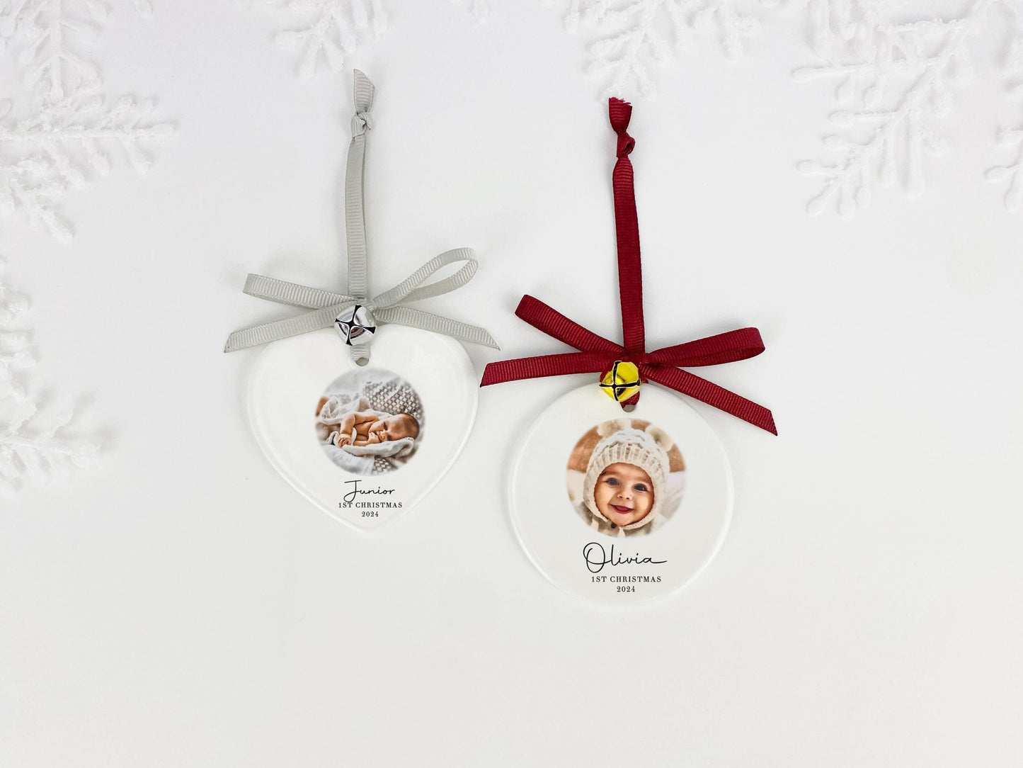Personalized Baby's First Christmas Ornament: Watercolor Photo Ceramic Bauble