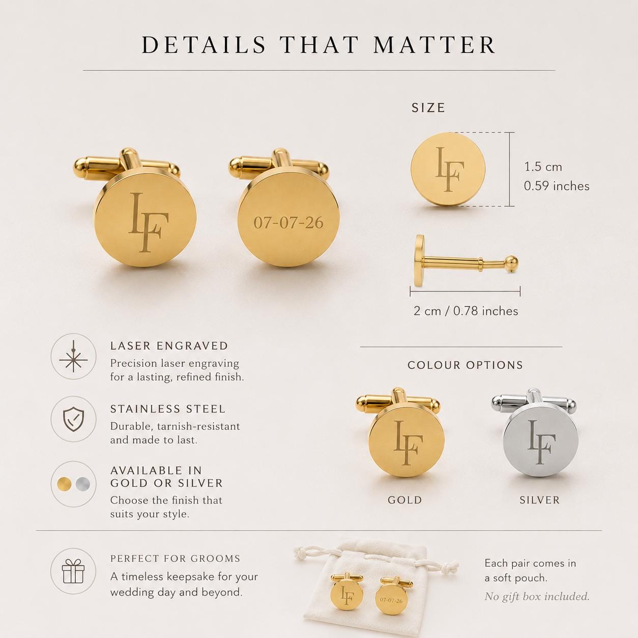Personalised Monogram & Date Engraved Cufflinks, gold and silver cuff links square or round