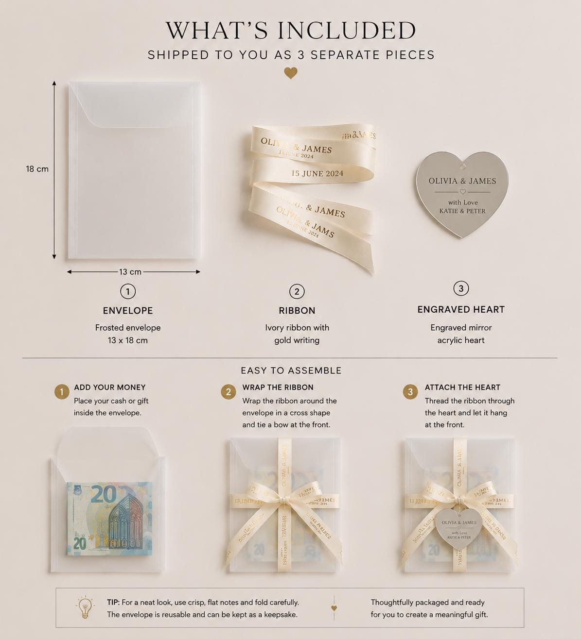 Custom Birthday Money Wallet Envelope, Engraved Heart, Ribbon Gift