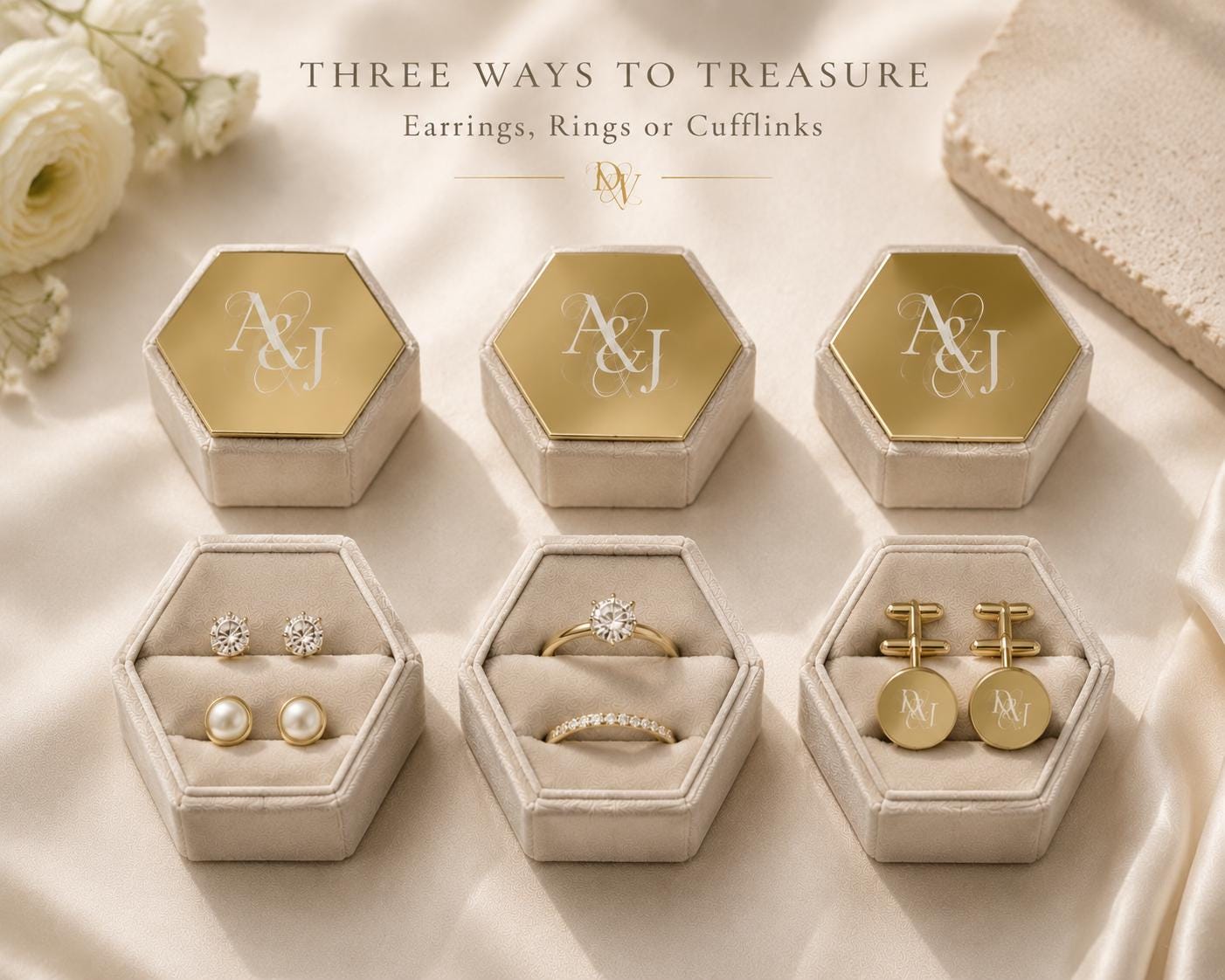 Wedding Ring Box with Custom Monogram | Bespoke Wedding Logo Service | Velvet Hexagon Band holder