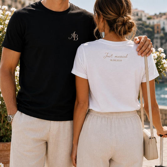 Custom Embroidered Couple T-Shirts | Bespoke Monogram Design, Honeymoon Apparel