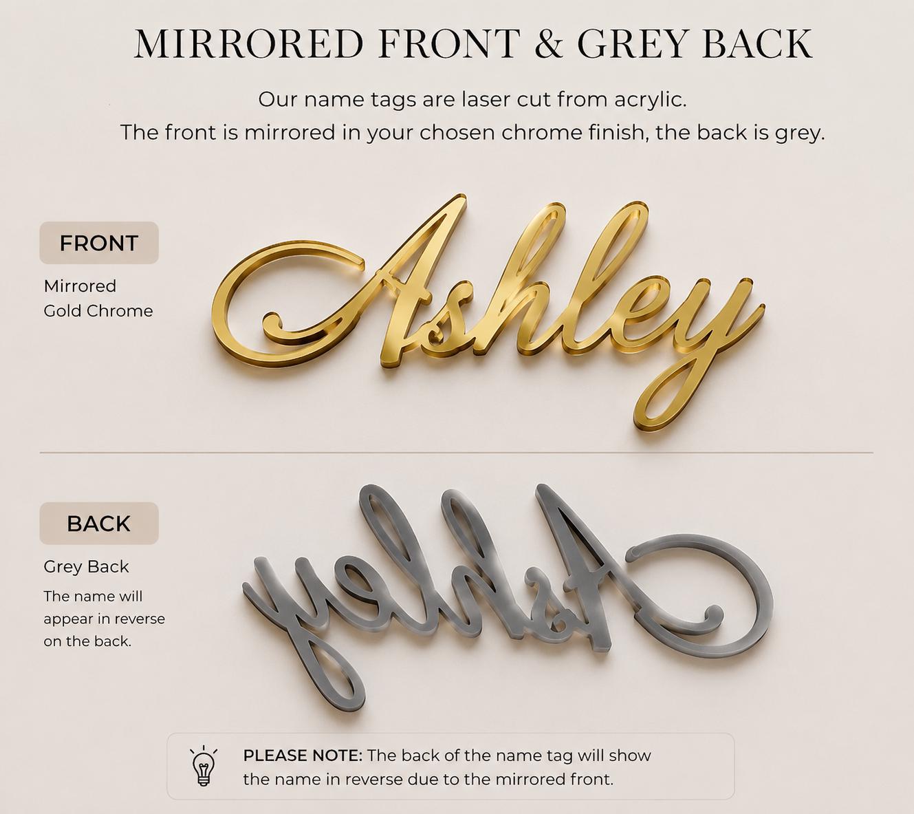 Personalized Acrylic Wedding Name Place Cards, Gold Mirror, Frosted, Black, White Names